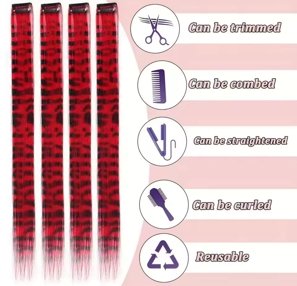 3pcs/set Stripe Printed Hair Colorful Long Straight Hair Pieces Synthetic Clip-in Hair Extensions for Daily Use Party Halloween