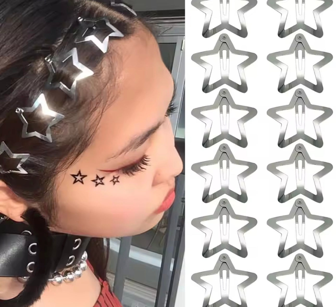 10ps  1.22" Star Hair Clips 2000s Y2K Snap Hair Barrettes Non Slip Hair Accessories Silver Metal Hair Clips For Girls