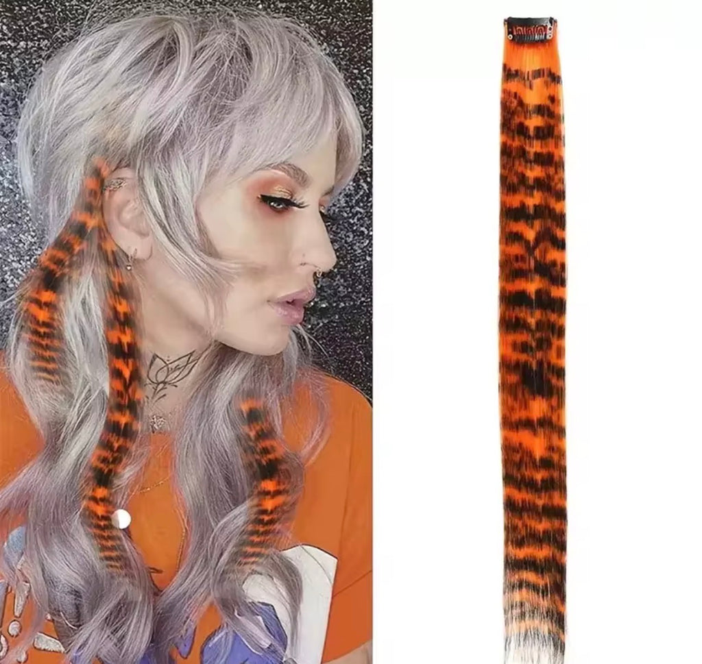 3pcs/set Stripe Printed Hair Colorful Long Straight Hair Pieces Synthetic Clip-in Hair Extensions for Daily Use Party Halloween