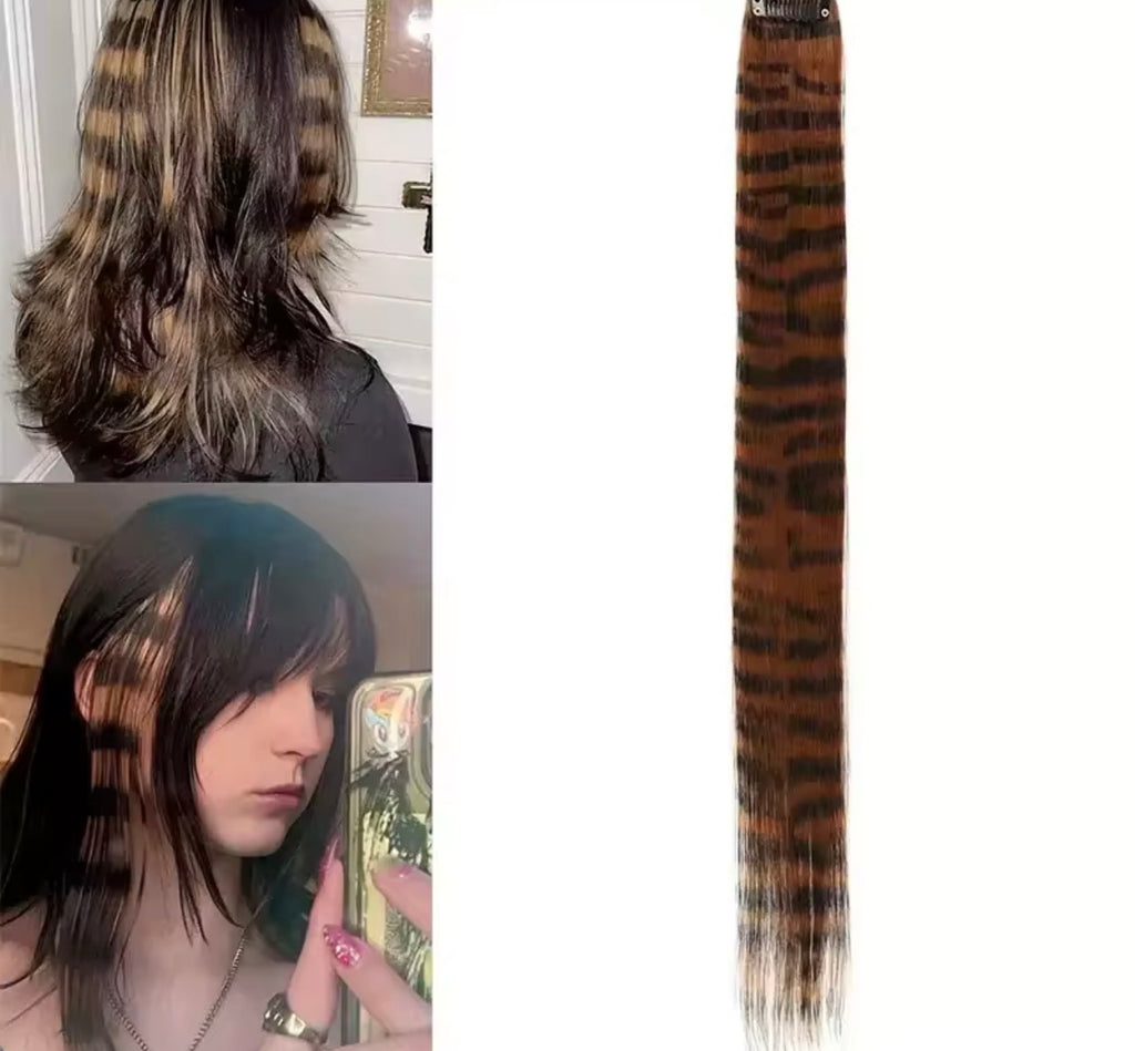 3pcs/set Stripe Printed Hair Colorful Long Straight Hair Pieces Synthetic Clip-in Hair Extensions for Daily Use Party Halloween